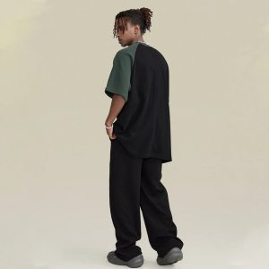 Black Streetwear 365G Heavyweight Color Block Loose-Fit Waffle Stitch Fabric T-Shirt