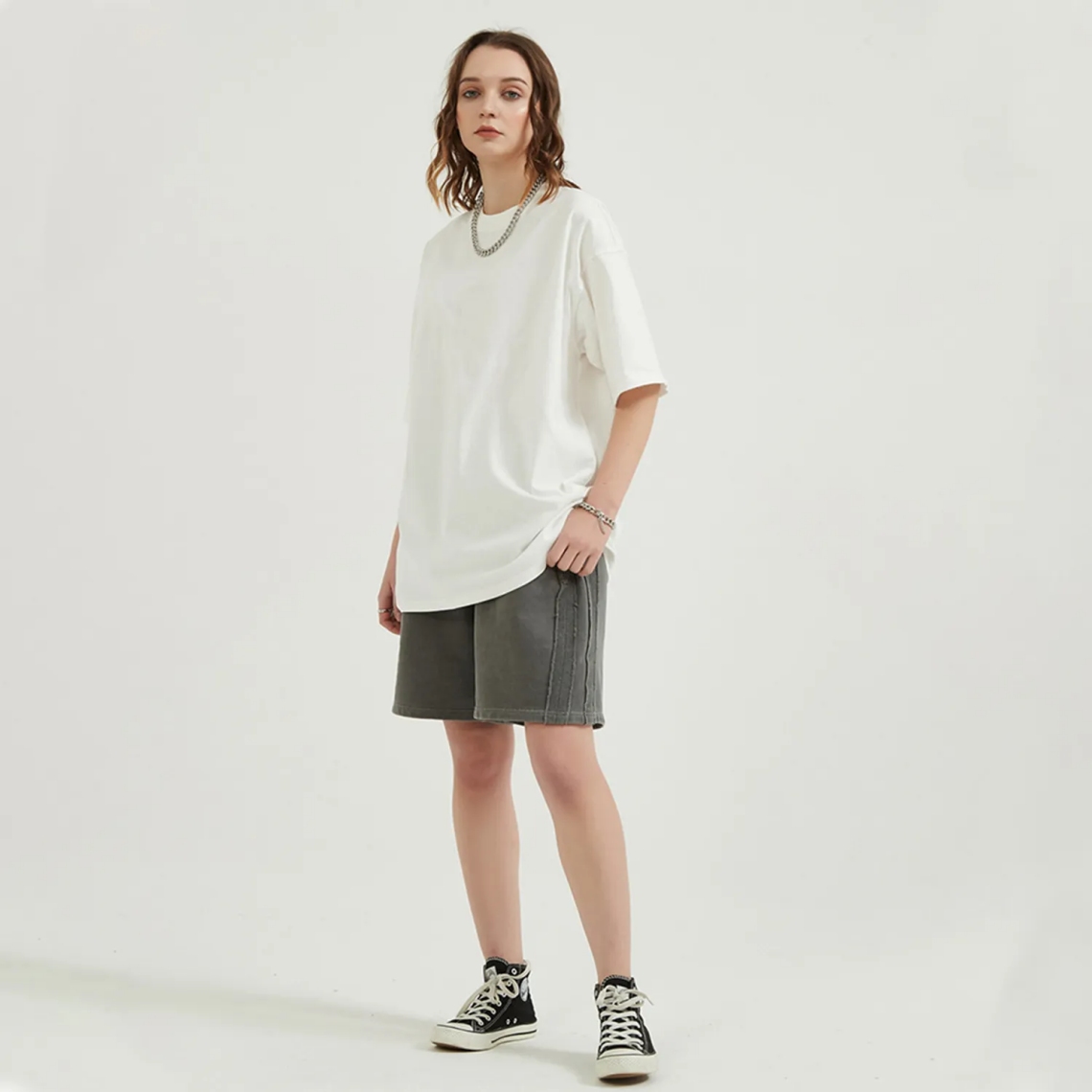 White Streetwear Unisex Drop Shoulder Stone Wash T-Shirt 3