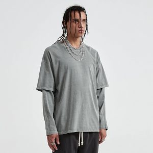 Light Gray Faux Layered Faded Long Sleeve Streetwear T-Shirt