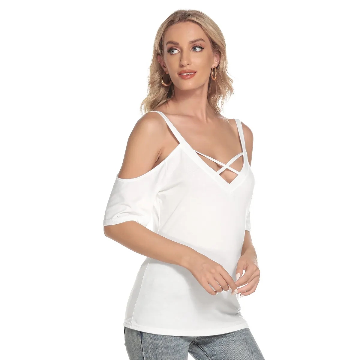 Women’s Cold Shoulder T- shirt With Criss Cross Strips 2