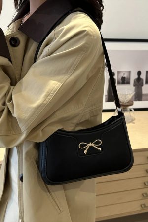 Bow Trim PU Leather Shoulder Bag Black 2