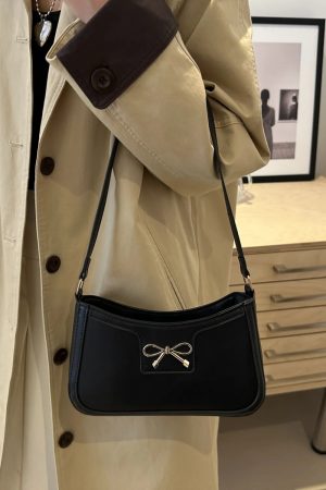 Bow Trim PU Leather Shoulder Bag Black 3