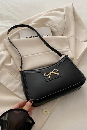 Bow Trim PU Leather Shoulder Bag Black