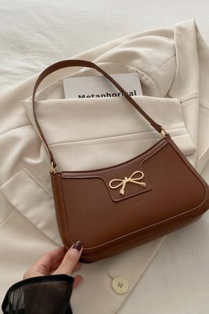 Bow Trim PU Leather Shoulder Bag Brown 2