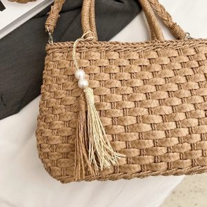 Braided Strap Paper Weave Shoulder Bag Camel 2