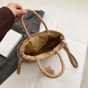 Braided Strap Paper Weave Shoulder Bag Camel 3