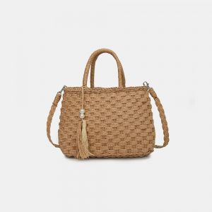 Braided Strap Paper Weave Shoulder Bag Camel