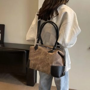 Contrast PU Leather Shoulder Bag Coffee Brown 2