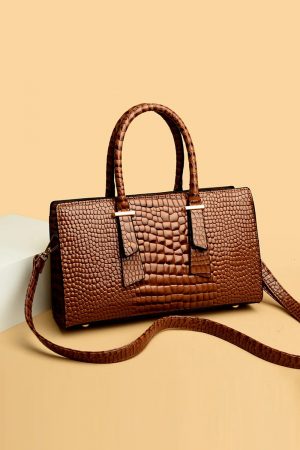 Textured PU Leather Handbag Brown 3