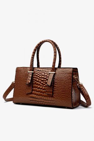 Textured PU Leather Handbag Brown